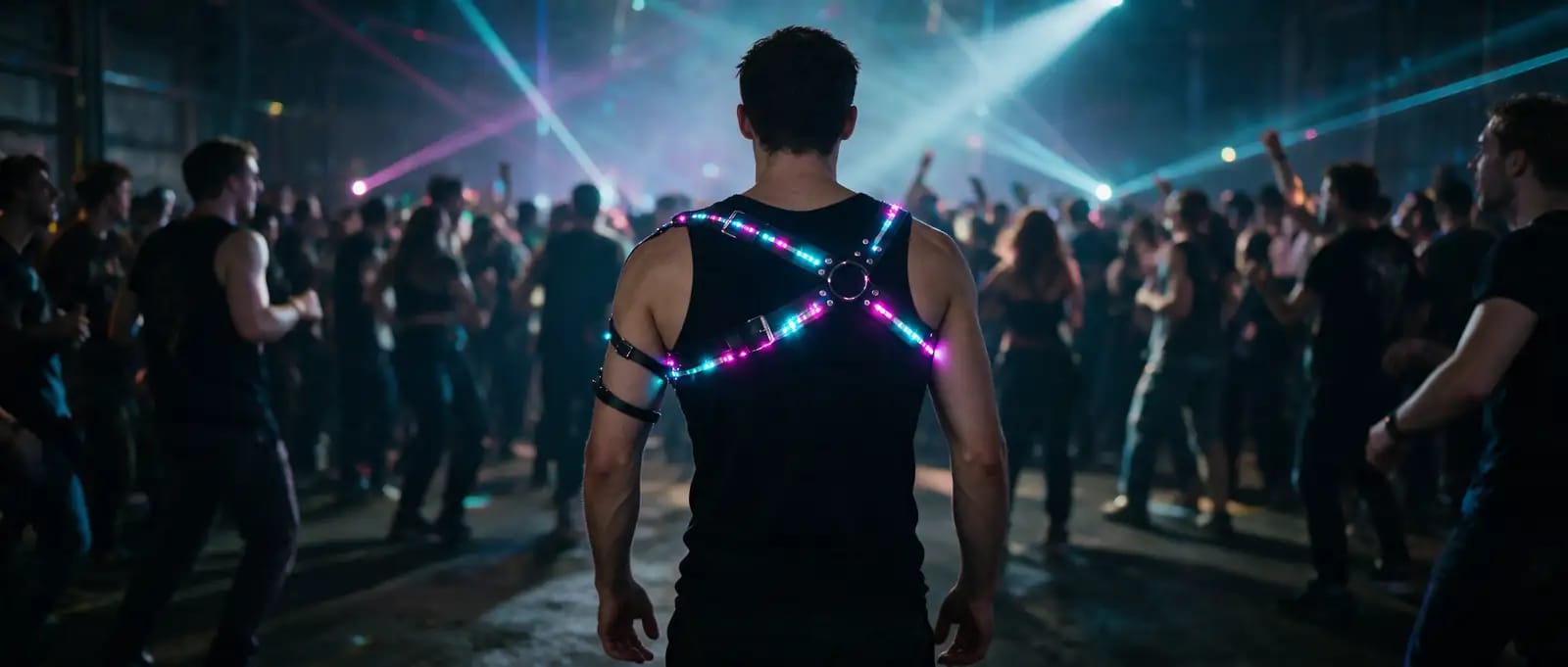 Mann von hinten mit asymmetrischem LED-Harness